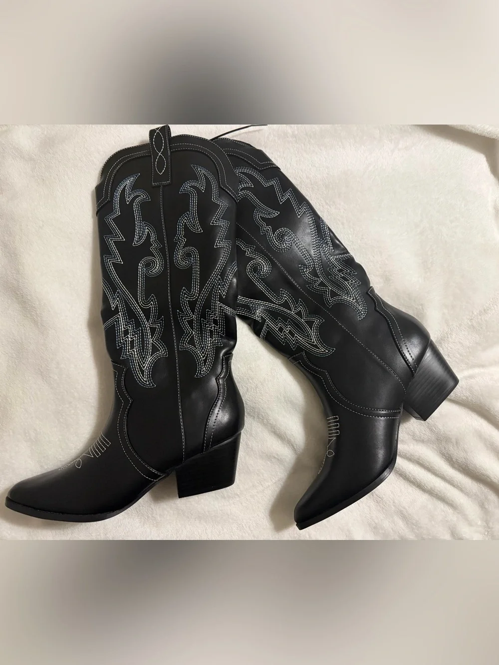Women’s Black Western Knee-High Boot with White Stitching